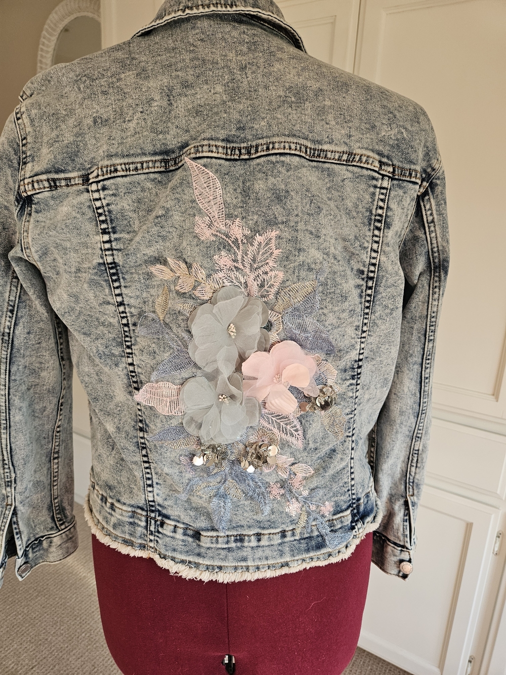 Simply Vera Vera Wang Acid Wash Denim Jacket with Pink & Gray Floral Appliqué